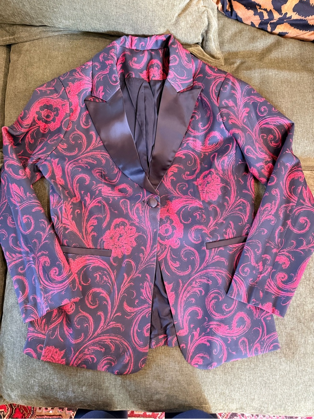 Red & Black Smoking Jacket Blazer with Floral Jacquard